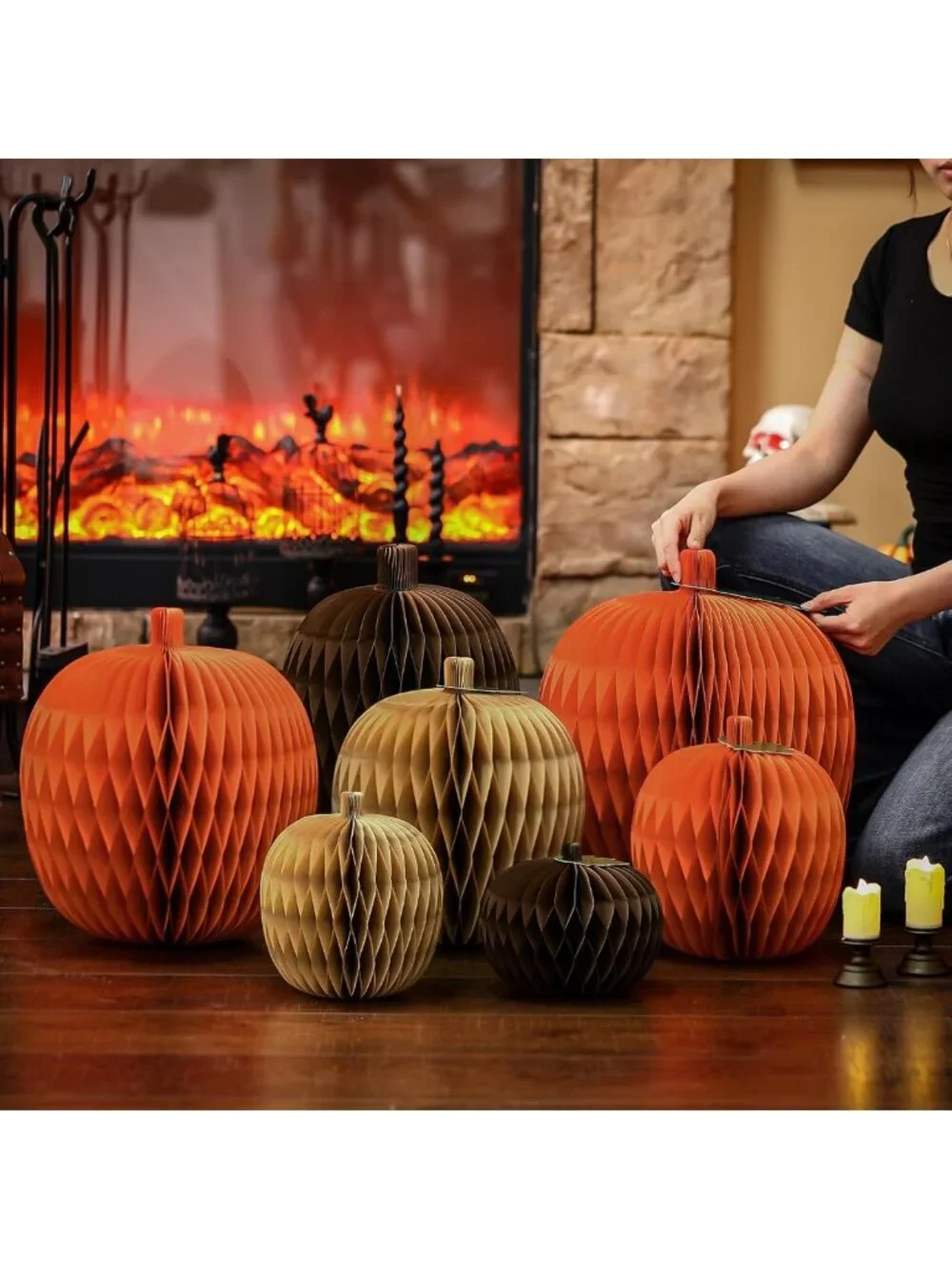 7-Piece Pumpkin Honeycomb Centerpiece Set - 3D Fall Paper Decorations for